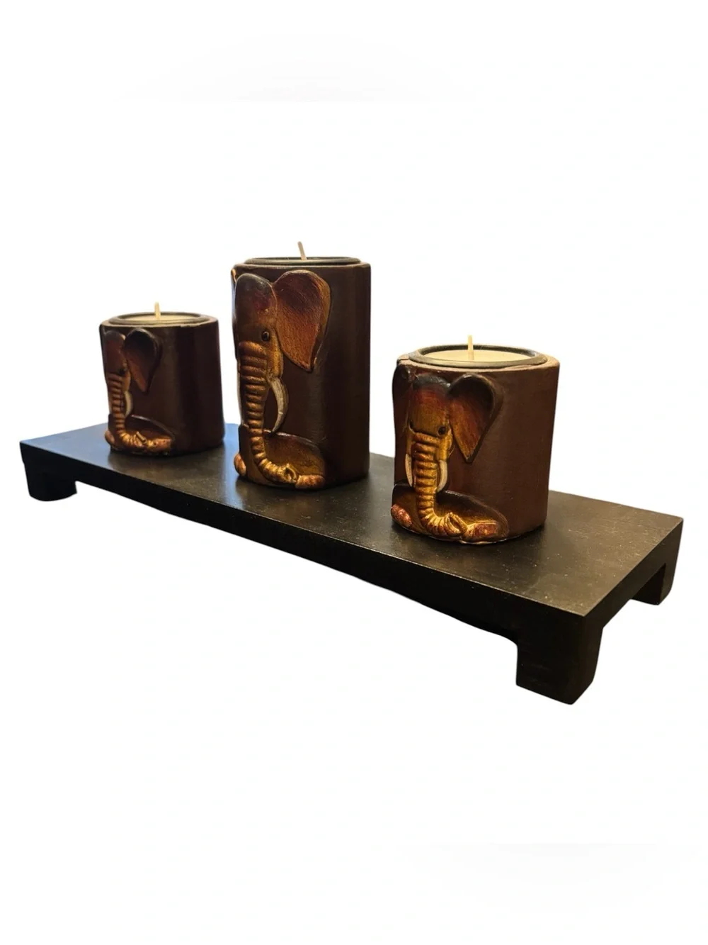 Elephant Tea Light Candleholders Set Of Three Copper Natural Tones Hand-Painted